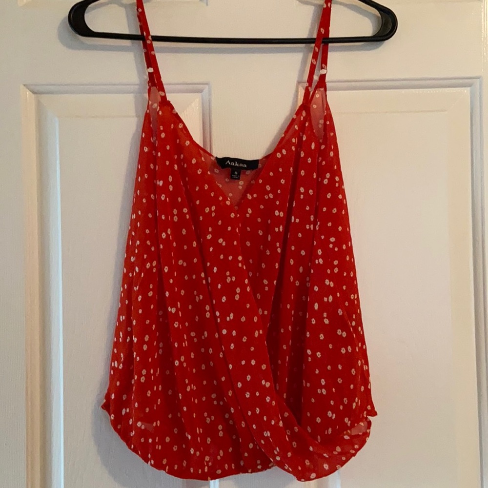 Aakaa red sheer tank top with white flowers